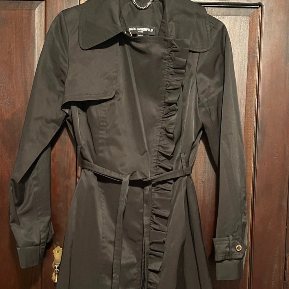 Karl Lagerfeld Coat Ruffle Trench Women's S Full Zip Belted In Black